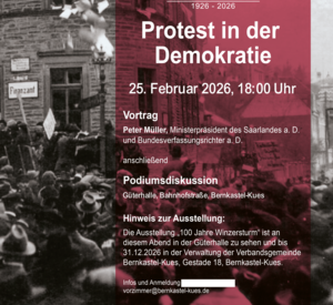 Plakat zur Veranstaltungsankündigung mit Foto des gestürmten Finanzamts Bernkastel vor 100 Jahre